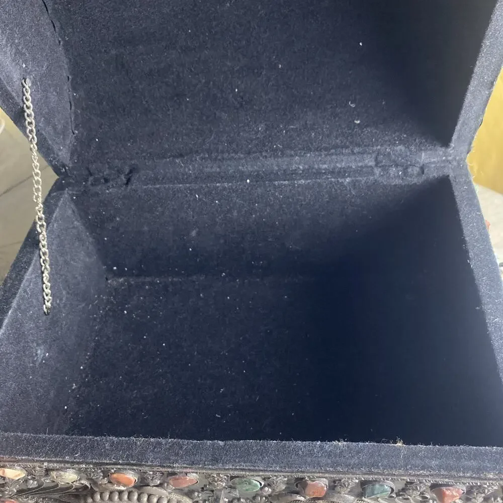 Vintage Moroccan Indian Wedding Jewelry Chest Box Dome Top Mixed Stones